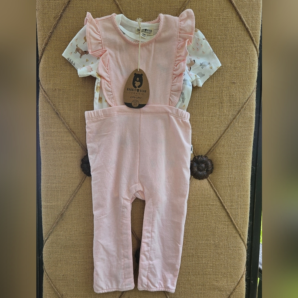 Rabbit Bear Organic Pink Baby Overalls with Printed Shirt Girls 18 Month NWT